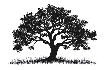 Silhouette of a large tree with grass.