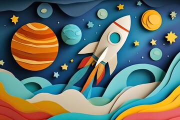 A paper - cut outer space scene with planets, stars, and a rocket ship