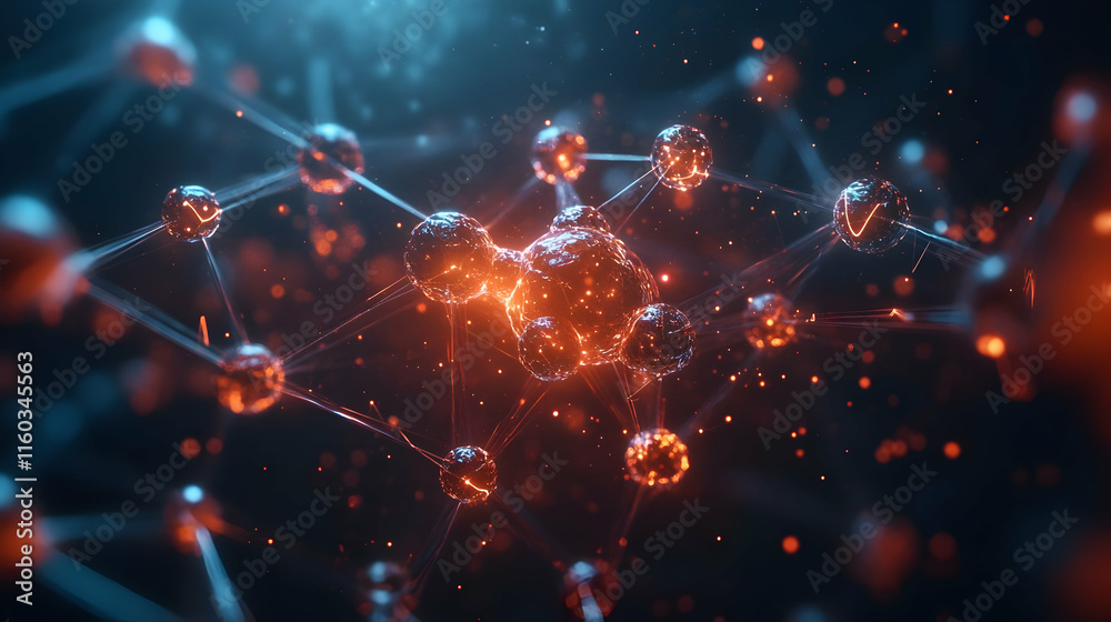 Poster abstract representation of molecular structures with glowing particles in a dark background.