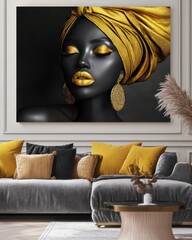 Luxury wall art featuring an African American woman with golden lips and bold African fashion, captured in vivid 4K detail, designed for large canvas prints with a black and gold theme