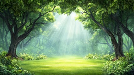 Obraz premium Tranquil Sunlit Forest Scene with Lush Greenery and Soft Rays of Light Filtering Through Trees