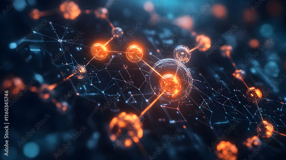 Poster abstract visualization of interconnected nodes and particles representing data or molecular structur
