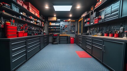 Spacious and clean garage with tool racks, cabinets, and mounted shelves