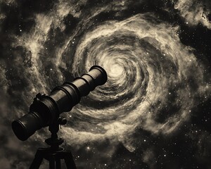 Vintage telescope pointed towards a swirling galaxy, cosmic exploration, space, universe, astronomy.
