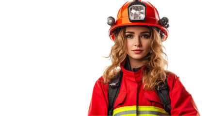 Female firefighter in uniform, isolated on transparent Background