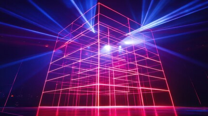 Laser grid lights forming a 3D cube intense red and blue colors high-tech futuristic stage design