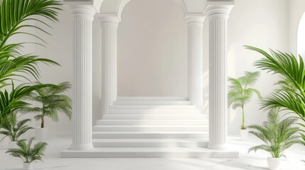 Fototapeta premium White columns, stairs, and tropical plants in a minimalist interior.