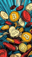 Dynamic illustration of Bitcoin and cryptocurrency coins exploding outwards, vibrant colors, comic book style. Perfect for finance, technology, and blockchain concepts.