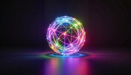 Colorful glowing sphere with network lines against dark background