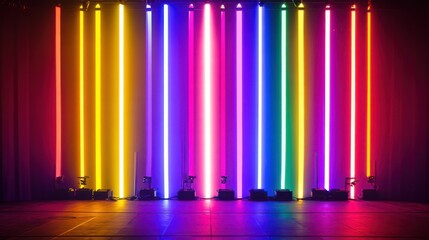 Rainbow-colored lights in vertical stripes pulsating with intensity vibrant and modern stage setup