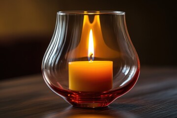 A single, flickering candle sits inside a clear glass holder, casting a warm glow.