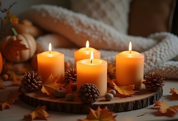 Tray with many burning candles and autumn decor on wooden table, closeup

