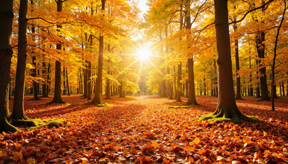 Sunlit autumn forest with golden leaves and vibrant sunlight