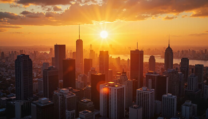 Obraz premium Sunset over skyline with buildings illuminated in golden light