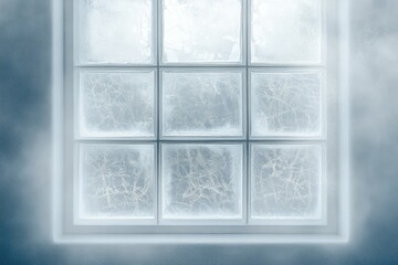 A frosty window pane, nine squares of ice crystals, winter scene.
