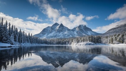 Frozen Lake with Mountain Reflections