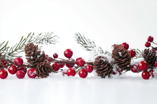 Snowy winter garland with pine cones, red berries, and evergreen branches.
