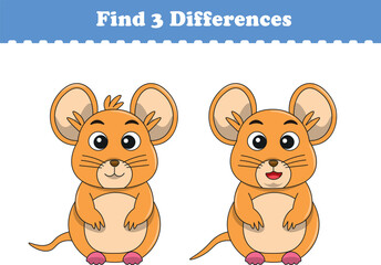 Fototapeta premium Education game for children find three differences between two mouses animal cartoon. Vector illustration