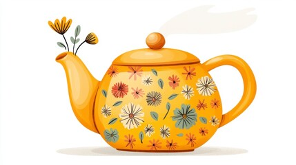 Charming Yellow Teapot with Floral Patterns and Steam Rising for Cozy Moments