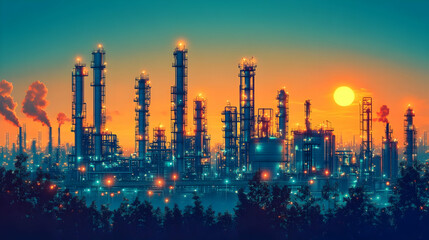 Industrial landscape at sunset with smokestacks and illuminated structures.