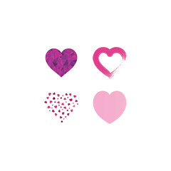 Set of 4 pink, red heart icons, simple vector cartoon doodle style illustration elements for product or web design.