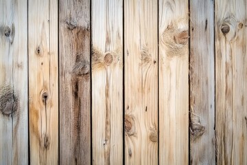 Fototapeta premium Close-up view of weathered, vertical wooden planks showing natural wood grain and knots.