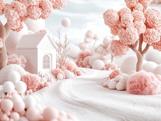 Pastel Pink Dreamland Cottage Fluffy Trees 3D Render