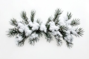 Obraz premium Snow-covered pine branches arranged symmetrically on a white background, evoking a winter wonderland.