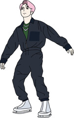 cartoon illustration of a figure skater performing. someone who is trying out ice skating. young Korean man skating