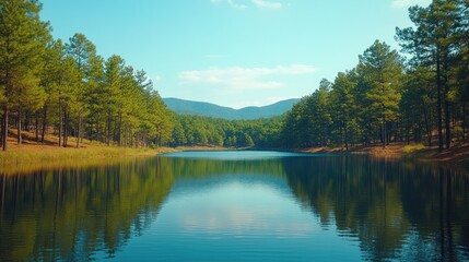 Fototapeta premium Serene lake reflects trees and mountains.