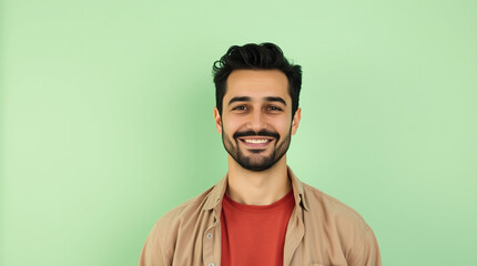 High-Resolution Full-Body Portrait of a Calm Man in Cardigan and Jeans Against a Pastel Green Background