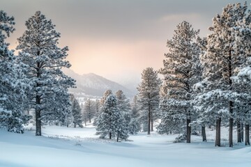 Snow-covered pine trees stand tall in a serene winter landscape at sunrise, mountains in the distance.