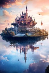 Obraz premium Enchanted floating castle on a serene island, reflecting in calm waters. Magical fantasy landscape at sunset.