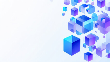 Abstract composition of floating geometric shapes in shades of blue and purple against a light background