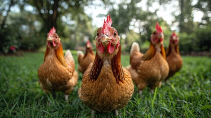 Fototapeta premium Vibrant Flock of Chickens Roaming Freely in Lush Green Countryside, Capturing Harmony of Nature and Sustainable Farming