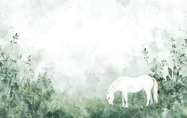 Fototapeta premium Serene watercolor painting of a white unicorn grazing in a misty green forest. Magical, dreamy, and peaceful illustration, perfect for fantasy, fairytale, or nature themes.