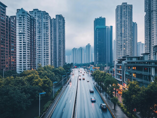 A bustling urban street scene with tall skyscrapers, vehicles on a wet road, and a cloudy sky, capturing the essence of city life.