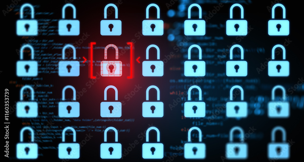 Poster digital padlock icons with a highlighted red lock on a dark background depicting data security and v