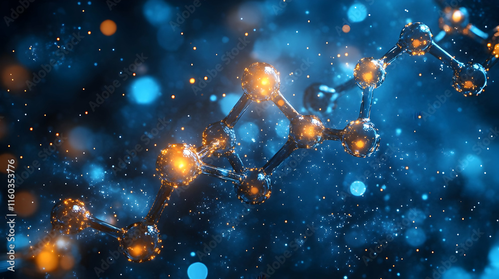 Poster a digital representation of a molecular structure with glowing particles and a dynamic background.