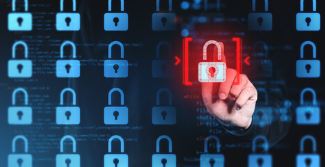 Cybersecurity concept with glowing red padlock among blue locks on digital screen.