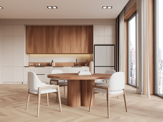 Modern kitchen interior with wooden furniture and dining table in a bright apartment. 3D Rendering