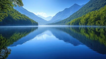 Serene mountain lake reflecting a clear sky. Lush forest surrounds tranquil water.