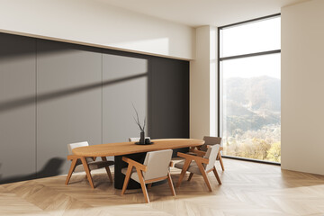 Modern dining room with wooden table, chairs, and natural light through large window. 3D Rendering
