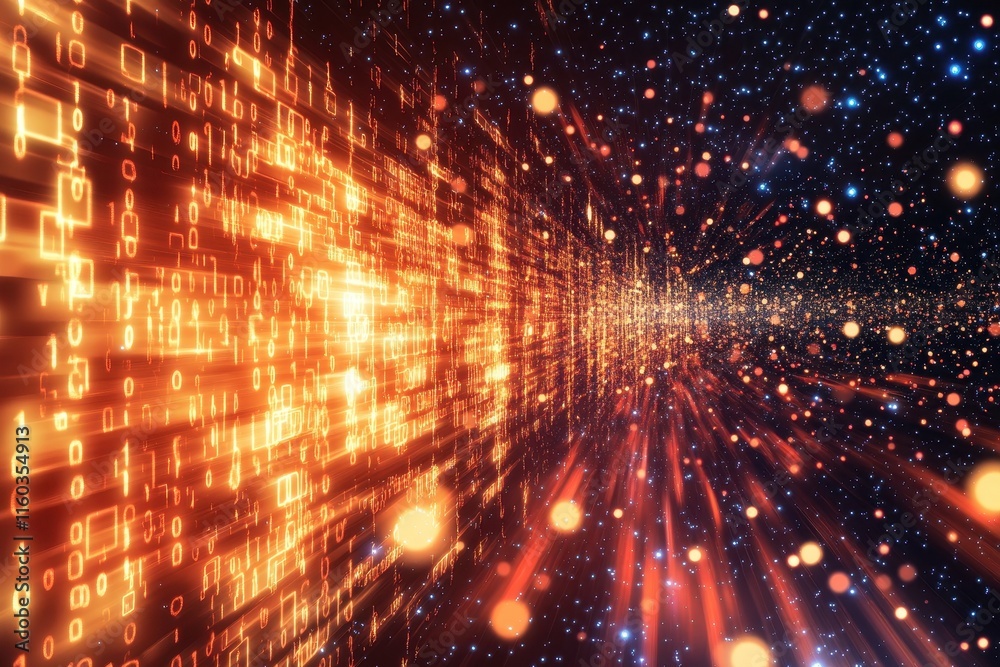 Poster glowing digital tunnel with binary code.