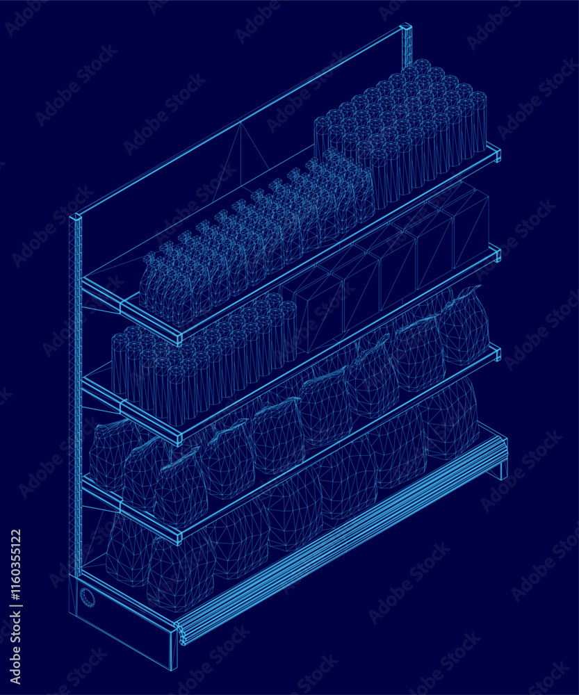 Poster blue image of a store shelf with many items on it. the shelf is divided into four sections, and the 