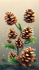 Obraz premium A vibrant illustration of pine cones surrounded by greenery, with raindrops adding a refreshing touch to the natural scene.