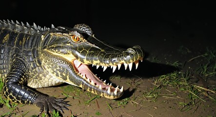 Obraz premium A crocodile is shown with its mouth open, revealing its sharp teeth. The image has a dark and moody atmosphere, with the crocodile's mouth wide open and its eyes staring into the camera