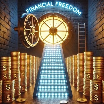 A glowing staircase made of coins, leading to a vault labeled "financial Freedom