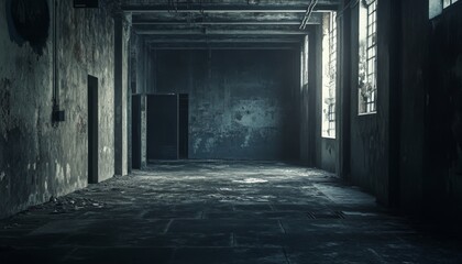 Obraz premium Dark, empty, grunge hallway in abandoned building.