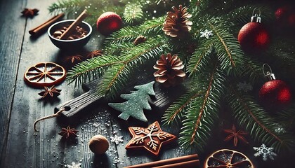 Festive Christmas Decorations - The image features pine branches, red baubles, pinecones, snowflakes, star anise, cinnamon sticks, a dried orange slice, a nut, and a green glittery ornament, creating 